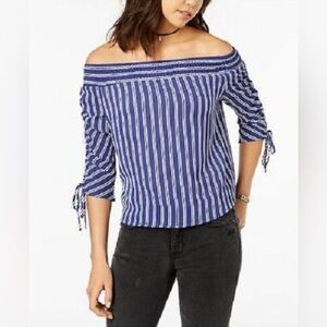 Polly & Esther Juniors Striped Off-The-Shoulder 3/4 Ruched-Sleeve Top Med NWT